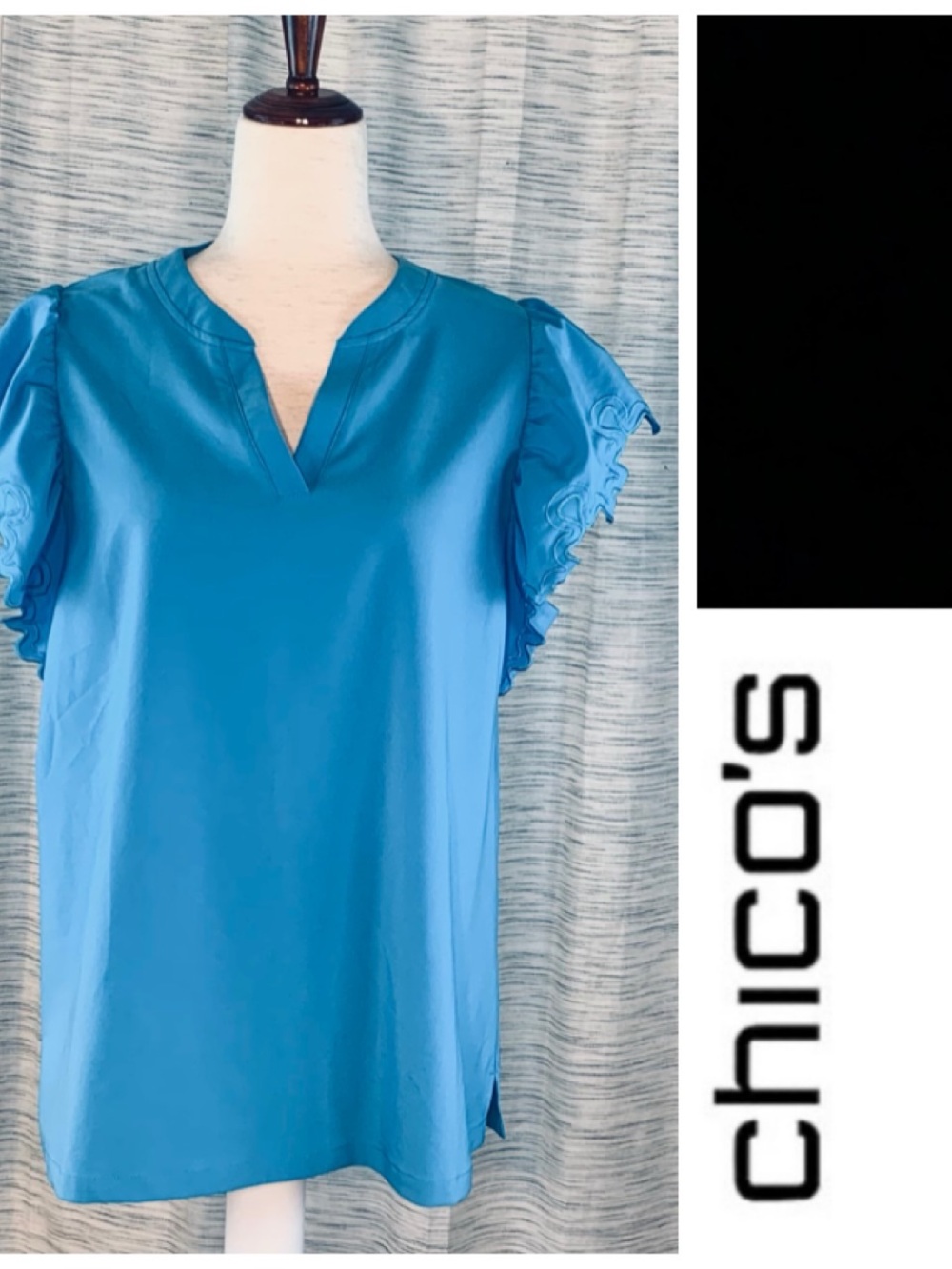 Chico's Teal Blue Ruffle Sleeve V-Neck Blouse